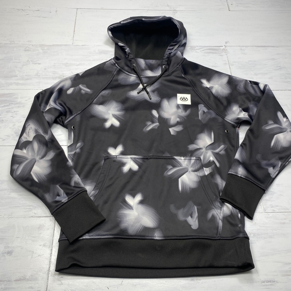 686 Knockout Bonded Fleece Hoodie Small Black Floral DWR Snowboard Pullover